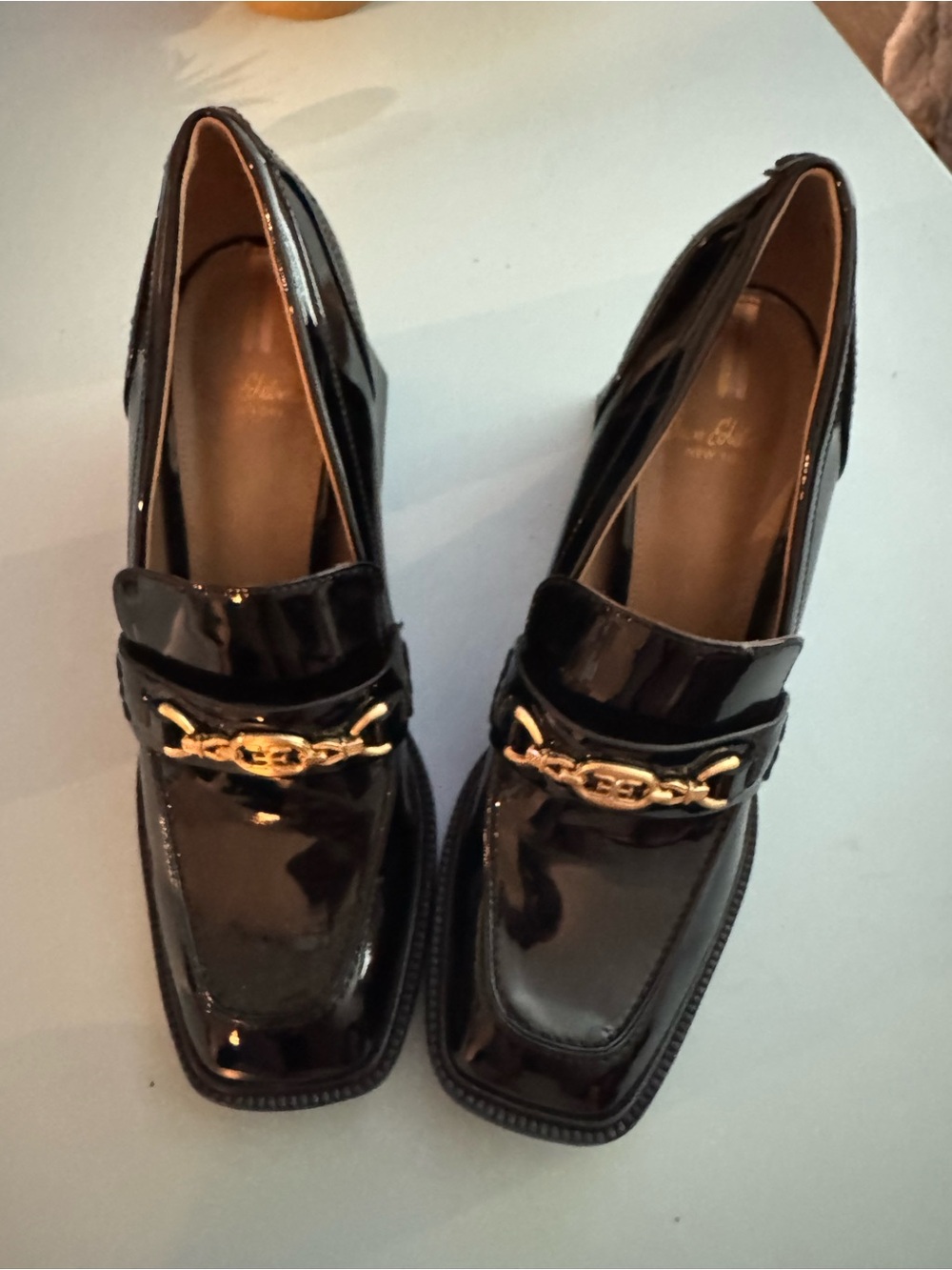 Sam Edelman Black Patent Leather Loafers with Gold Chain Size 10